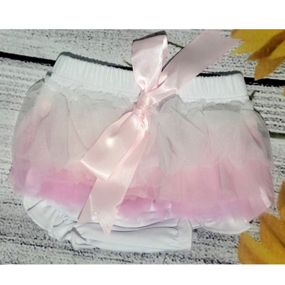 Baby Girls Pink‎ & White Ruffle Bloomers With Pink Satin Bow XS